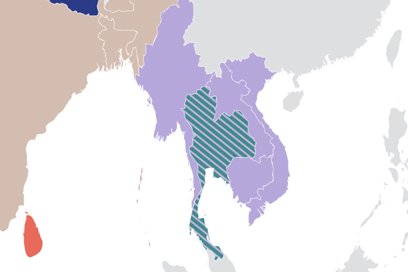 map highlighting peninsula of Laos, Vietnam, Cambodia, Thailand
