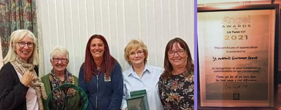 group of smiling women and photo inset of certificate