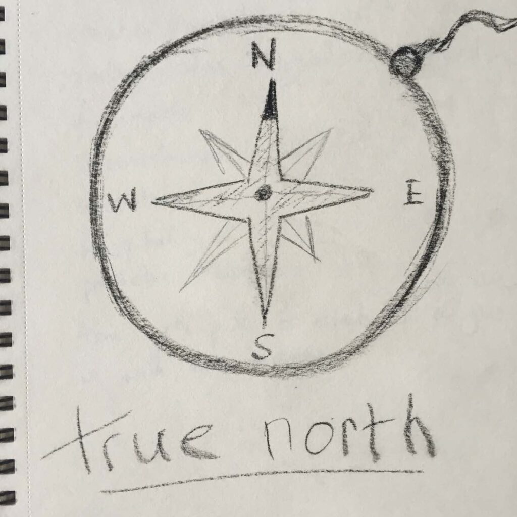 "true north" pencil sketch of compass