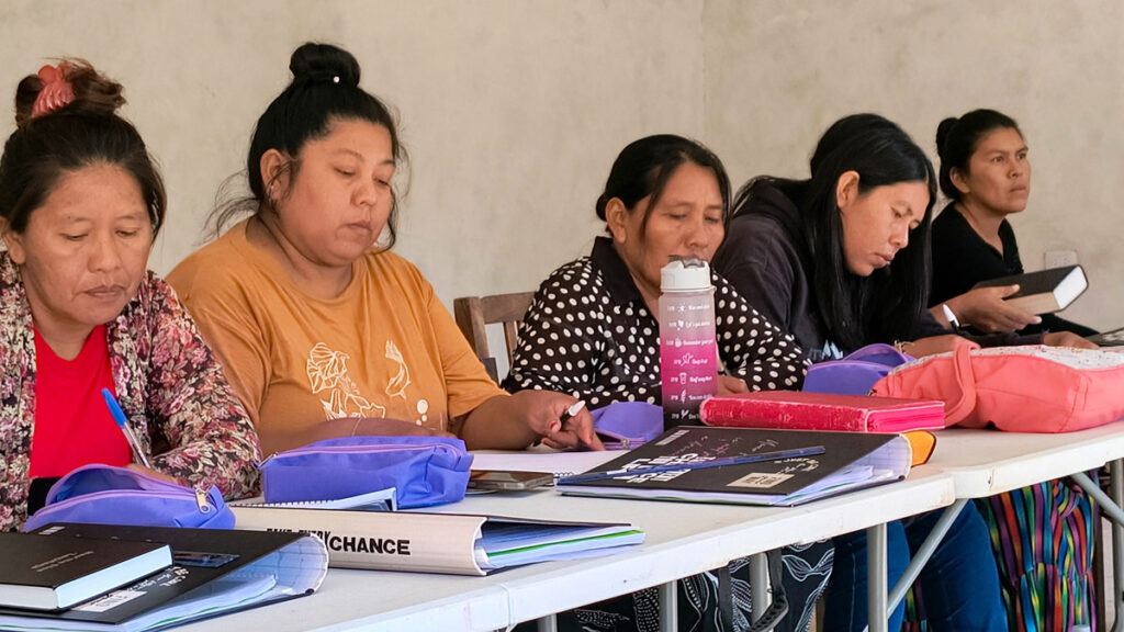 women seated behind long table with files and books